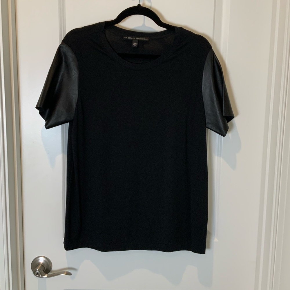 True Religion & Joan Smalls-black tee with leather sleeves
